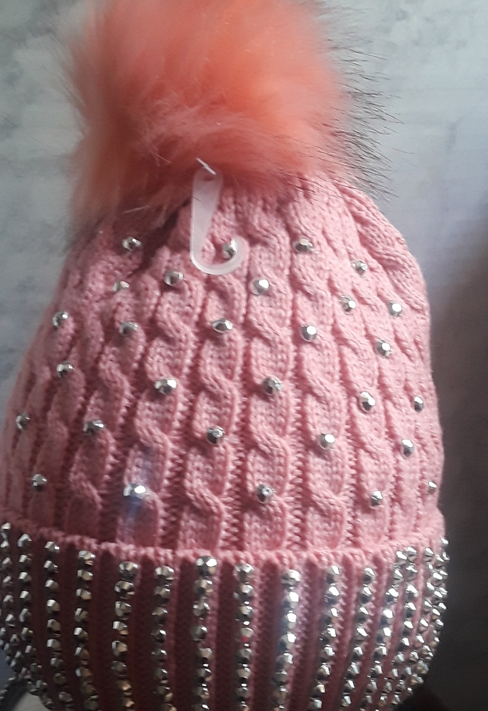 Pink pompom knit beanie